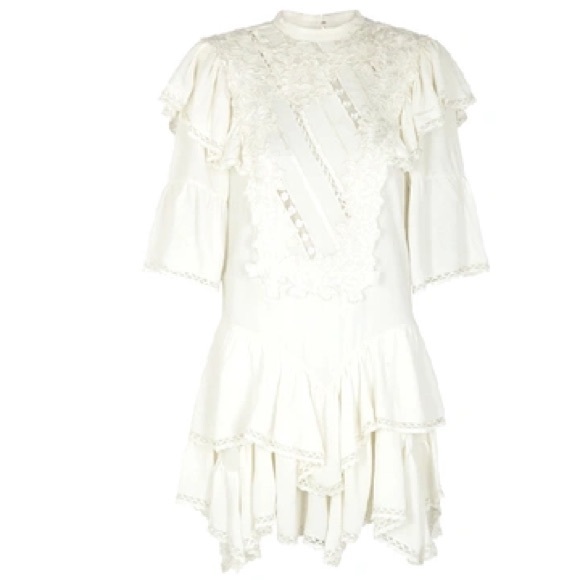 ISABEL MARANT Lima Ruffled Embroidered Crepe Mini Dress Elegant Lace White Dress - Picture 1 of 3